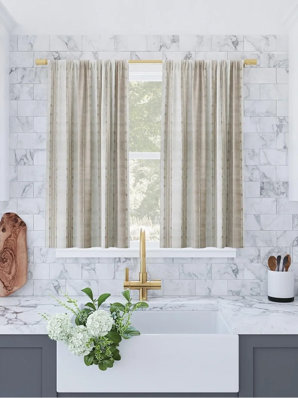 New and package tan farmhouse, one tier pair curtain